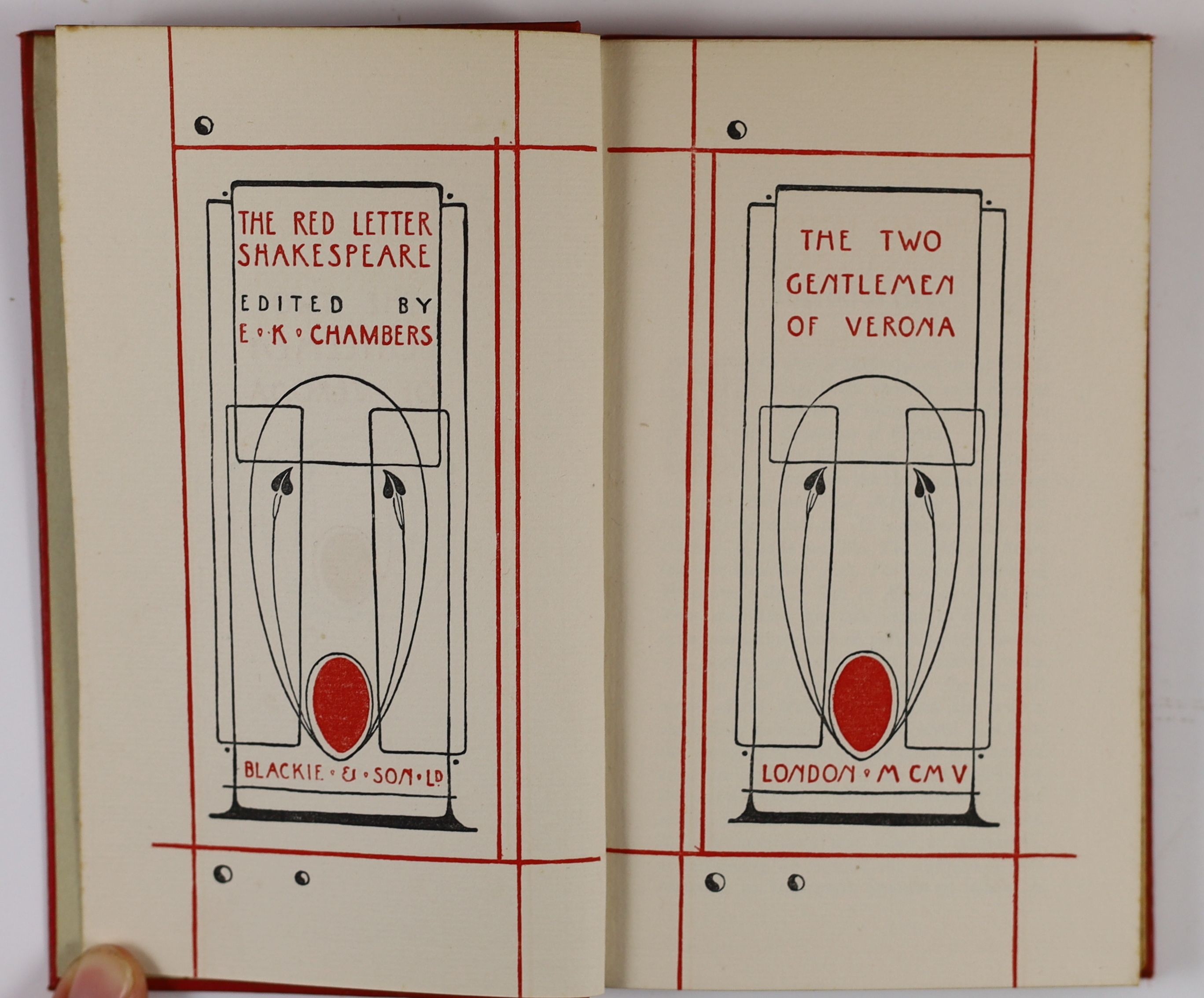 Shakespeare, William. Chambers, E. K. [ed.] - The Red Letter Shakespeare. 16 vols. (of 39). Original decorative red cloth with gilt letters direct on upper and spine. Most with gilt top edge. With decorative endpapers an